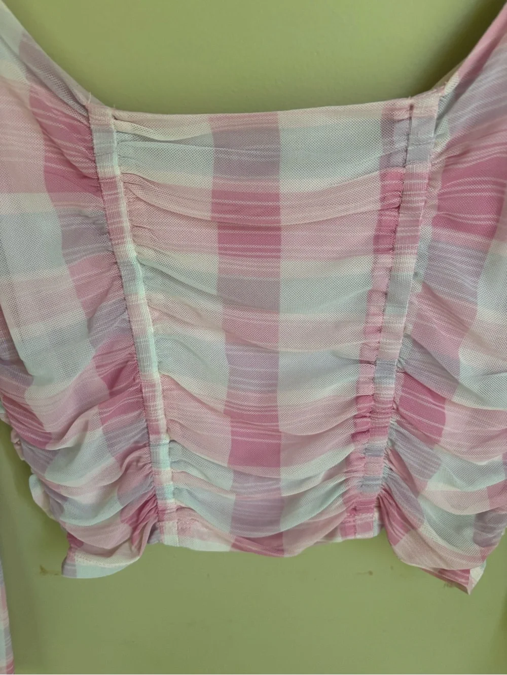 NWT BCBG Generation Mesh Gingham Top in Madras Plaid. Pastel pinks/blues. Size M - Picture 8 of 16